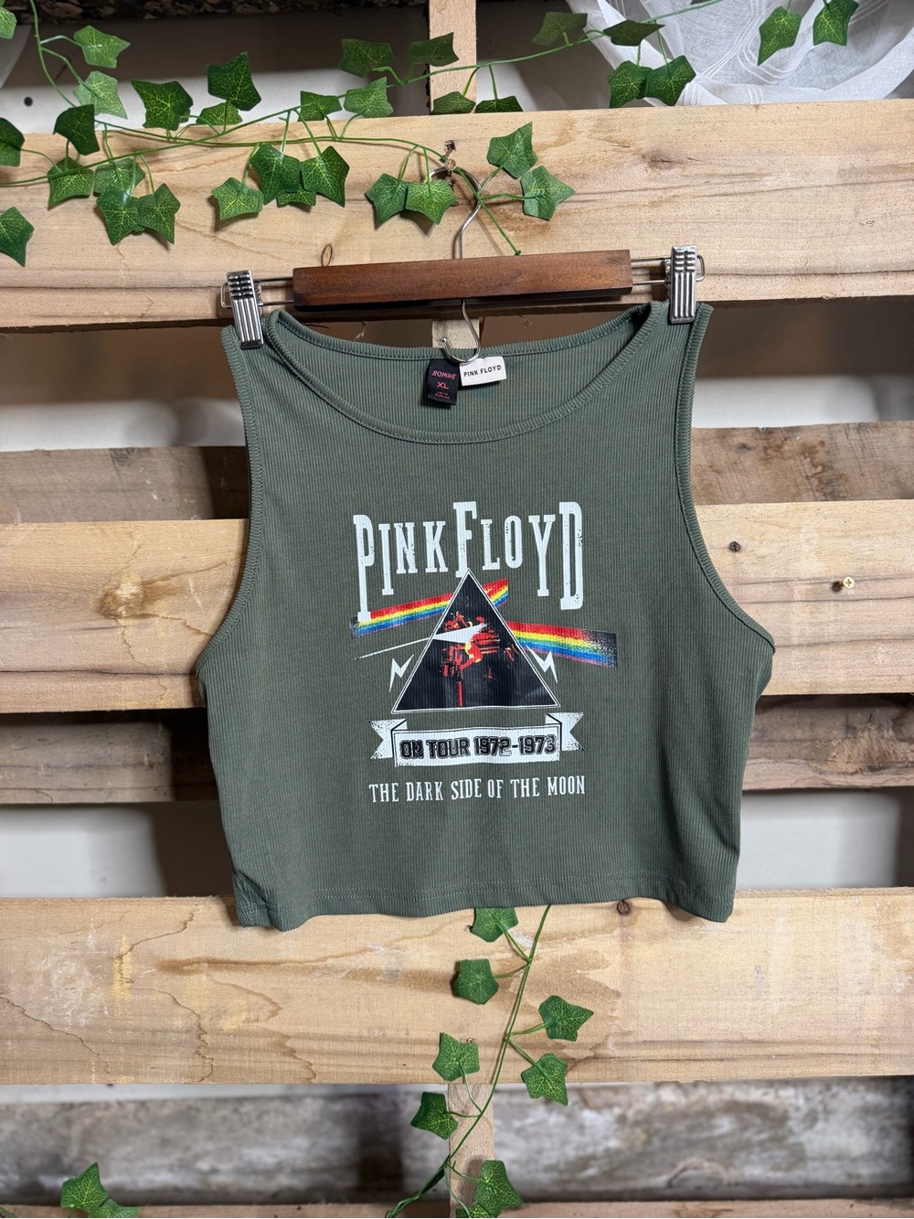 Pink Floyd Olive Green Ribbed Graphic Crop Tank